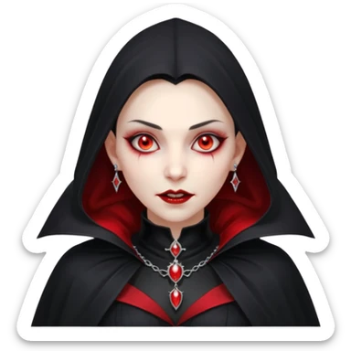 vampire village woman portrait, head and shoulders only, dark gothic cloak collar, sharp fangs, red glowing eyes, elegant yet eerie expression, subtle jewelry, 3D cartoon, mobile game icon style, clean background, no text, no watermark sticker