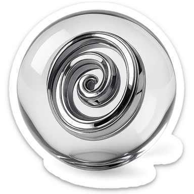 translucent glass-like sphere with a chrome spiral core, glowing softly, chrome style sticker