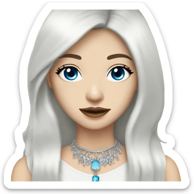 woman with pale skin, blue eyes and long dark hair with layers and fringe bangs, wearing a white top and silver jewellery sticker