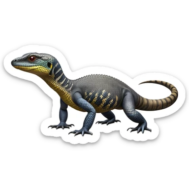 cinematic-monitor-lizard-realistic-full-body-standing on all fours-emoji,-long-powerful-tail-dragging-slightly-behind,-sleek-scaled-body-textured-with-rich-patterns and stripes,-head-tilted-dramatically,-dark-intense-eyes-observing-its-surroundings,-simplified-yet-realistic-focused-features,-highly-detailed,-glowing-with-an-almost-sarcastic-glow sticker