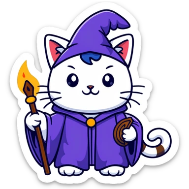 A cat wizard casting a spell with magical staff and flowing robes sticker