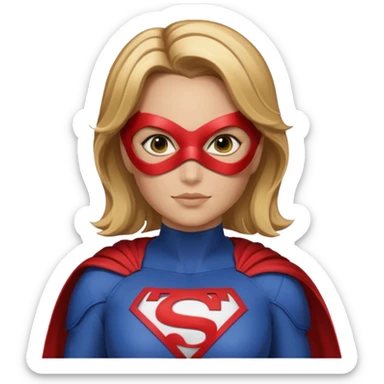 Mujer súper heroína tipo la de WhatsApp. Pelo marrón claro y mechas rubias por los hombros. Con antifaz y traje de héroe, que se vea solo hasta los hombros y logo MJ en el traje. Como la de WhatsApp  sticker