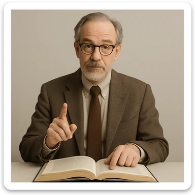 professor with glasses pointing at an open book, neutral background sticker