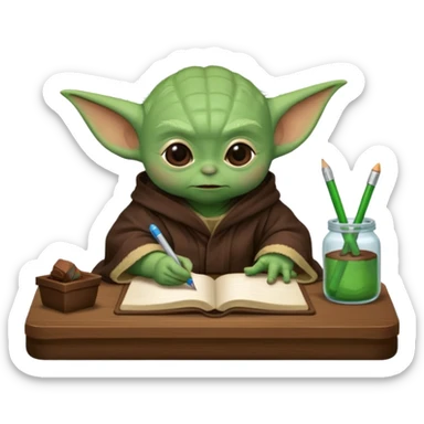 Baby Yoda con su tunica chocolate escribiendo en un cuaderno sobre un escritorio sticker