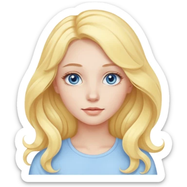 a girl with blue eyes, long pastel yellow wavy hair, subtle clean makeup sticker