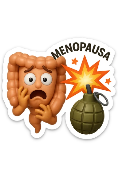 EMOJI STILE IPHONE 3D DI INTESTINO 3D CON ESPRESSIONE SPAVENTATA IN VOLTO MENTRE ACCANTO A LUI SCOPPIA UNA GRANATA 3D CON LA SCRITTA "MENOPAUSA" SOPRA, FAGLI ANCHE LA PARTE BIANCA DEGLI OCCHI, NON SOLO LA PUPILLA sticker