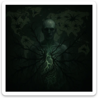 semi-realistic, moody lighting; central human figure semi-transparent, black parasite forms radiate into organs and out to a world map, glowing cracks and green mist, symbolic global impact sticker