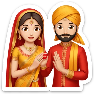Two hands in a engagement..One hand of groom and one hand of bride. Bride hand - red/yellow saree. groom- light orange punjabi (oonly hands will be visible in the image). Groom's hand is holding a ring sticker