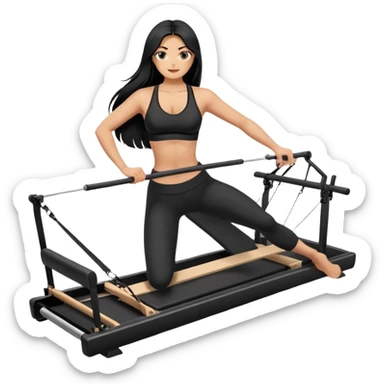woman with bra, tanned long black hair, doing Pilates reformer sticker
