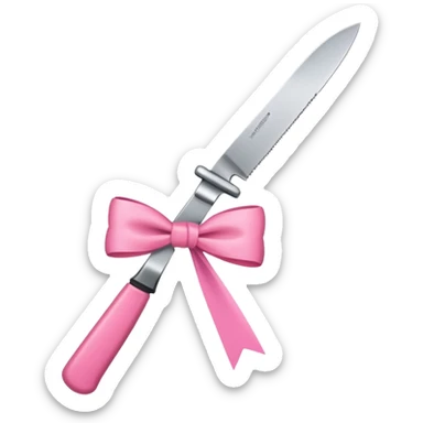 Only one object: a kitchen knife. A pink ribbon bow is tied directly on the knife handle. No other items. No decorations. Minimal emoji style sticker