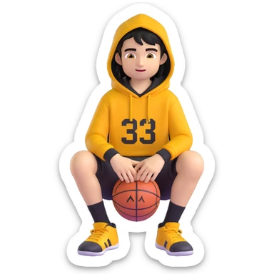 Remove any basketballs and remove his shoes, keep the boy kid in a ring sitting pose, black hoodie (hood off), smirk, black crew socks, black messy hair, black basketball shorts, yellow skin, Microsoft 3D emoji style, with no background. sticker