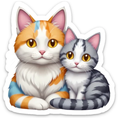 grey and white cat cuddling a colourful light patched calico + white tabby cat sticker
