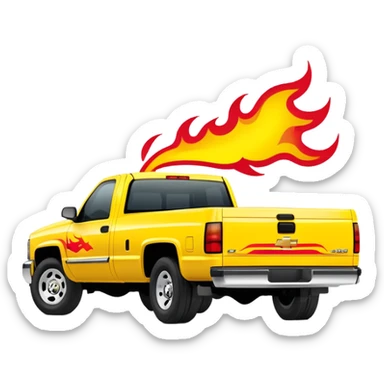 1997 Chevrolet Silverado C-2500 in bright yellow with screen-accurate red flame decal printed on the hood, faithful to Kill Bill movie design, 30-degree angle, iOS emoji style sticker