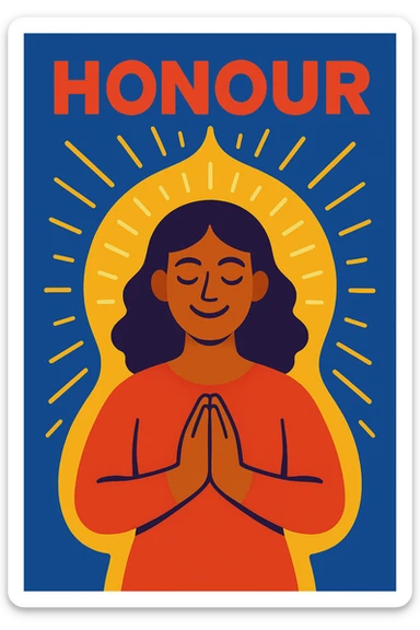 a woman surrounded by a glowing aura with the word 'honour', vibrant uplifting style sticker