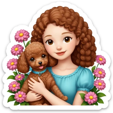 A beautiful girl happily hugs a brown toy  poodle in the flowers sticker