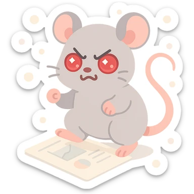 An angry lab rat with red glowing eyes, fur on end, stepping on a scientific report, gray fur, detailed claws, cartoon style with dynamic pose. sticker