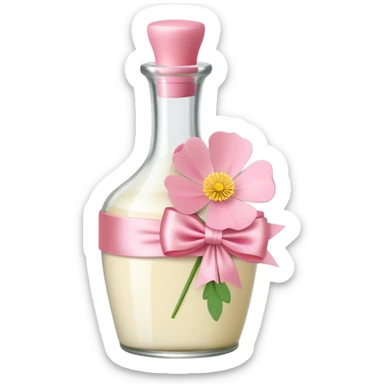 aesthetic bow in Cream Pink , Sugar Pink color glass bottle and in it a beautiful bouquet of Satin Pink Chinese buttercup  sticker