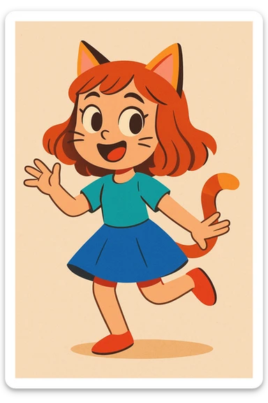 playful character that is half girl, half cat, with cat ears, tail, and subtle whiskers, charming cartoon style, vibrant illustration sticker