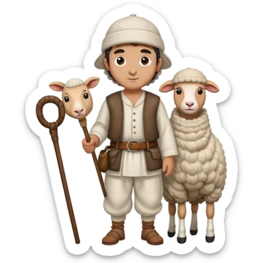 A Turkish shepherd wearing a white felt kepenek, loose shalwar pants, a cloth belt, and a wool cap, holding a wooden staff beside a sheep sticker