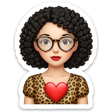 A women with a black curly hair and heart glasses, leopard print dress sticker