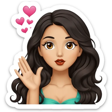 woman with olive skin, brown eyes and long lashes, and long black wavy hair blowing kiss sticker