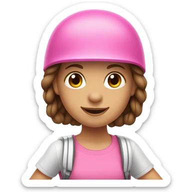 little white girl, brown hair with braids, with helmet, pink shirt and black shorts skateboarding sticker