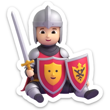 3D emoji style baby knight with a tiny sword and shield sitting down sticker