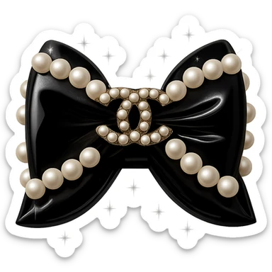 Add a solid white background behind the elegant bow with pearls and gold Chanel logo, sparkling effects, glossy, monochrome, realistic style. sticker
