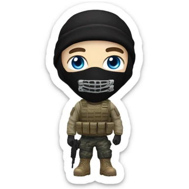 White male, call of duty black mask, camo tactical gear, tan combat boots, black beanie, blue eyes sticker