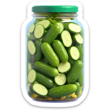 see-through jar packed with green pickled cucumbers in brine, tightly closed shiny deep green lid contrasting with pickles sticker