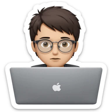 Apple Memoji-style 3D avatar, young man with light skin, short messy dark brown hair, black rectangular glasses, sitting behind a silver laptop with only eyes visible, cute minimal plastic look, smooth shapes, studio light, pure white background, centered, 1:1, ultra clean, 4k sticker