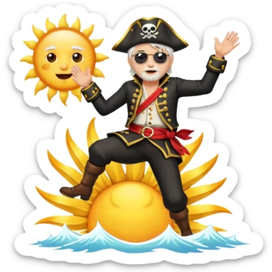 the king of the pirates with white hair and clothes jumping in front of the sun sticker