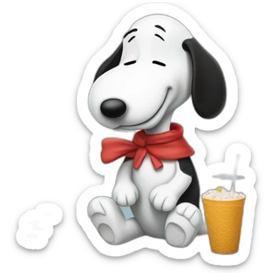 Snoopy holding a straw in his hand against his nose leaning over a table sucking up a pile of sugar sticker