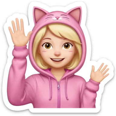 Girl in pink cat onesie waving happily sticker
