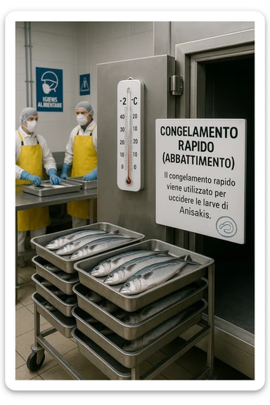a fish processing facility where freshly caught fish are placed on trays and moved into a large industrial freezer. A temperature gauge shows -20°C, and an educational label explains that rapid freezing (abbattimento) is used to kill Anisakis larvae. The background includes workers in protective clothing and clear signage about food safety. in italiano sticker