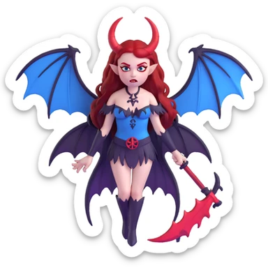 extremely diabolical demon girl with massive bat wings, blood red hair, sinister glowing blue eyes, dark hellish aura, sharp horns, fangs, pentagram sticker