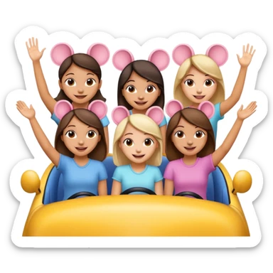 quatro chicas montadas en una atraccion de levantando la mano con orejas de dines puestas sticker