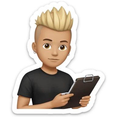 emoji of a bouncer, person with mohawk, black t-shirt, holding a clipboard sticker