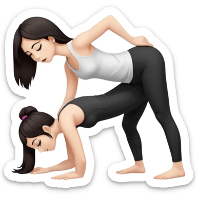 Девушка белокожая в позе собака мордой вниз, с длинными темными волосами, в коротком белом топе, в черных лосинах, с черными ресницами sticker