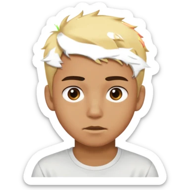 Short buzz, messy blonde hair. Dark brown bushy eyebrows large expressive golden-brown eyes, wearing a plain white t-shirt. Male Teenager. Brown skin color.  sticker