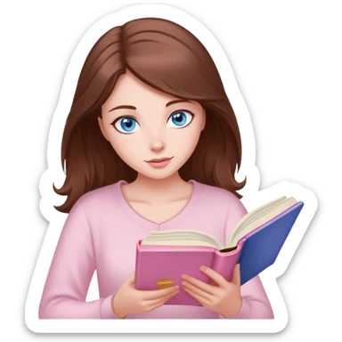 woman with brown hair and blue eyes reading a light pink romance book sticker