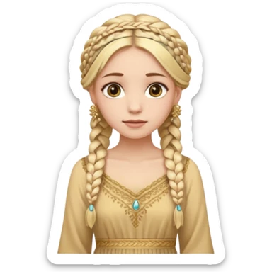 
mujer, Joven, de aspecto dulce y elegante.
Piel clara, ojos grandes y expresivos, sonrisa triste.
Rubio o castaño claro, largo, con trenzas o velo.
Vestido largo hasta los pies de tonos suaves (blanco, azul o lavanda), con bordados dorados; toca fina cubriendo la cabeza. sticker