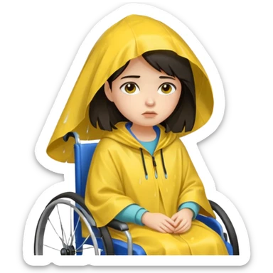 Girl with dark hair  in a wheelchair with rain poncho sad with rain  sticker