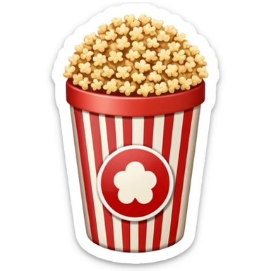 brown popcorn in a paper jar with red and white vertical lines sticker
