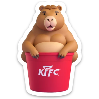 Muscular capybara with bulging muscles sitting in a KFC bucket sticker