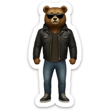 illustration of bear say "Hi!" wear leather jacket sunglasses look like a bad boy, full body sticker
