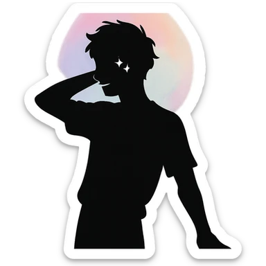 minimalist silhouette of a youthful male figure with a gentle pastel aura, subtle sparkle near the eyes, and a relaxed, confident pose, exuding effortless charm and playful unpredictability sticker