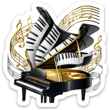 Create a detailed and elegant emoji collage representing keyboard instruments in a celebratory and professional style, reminiscent of a coat of arms. The design should feature a central arrangement of black and white piano keys, forming a symmetrical, powerful image. Around the keys, include a flowing ribbon of musical notes that intertwines with the keys, creating a sense of movement and harmony. Use gold and silver accents to highlight the keys and musical notes, giving the design a festive, high-quality appearance. The design should convey professionalism, elegance, and a sense of occasion. Add subtle reflections on the piano keys to enhance the polished look. The background should be transparent. sticker