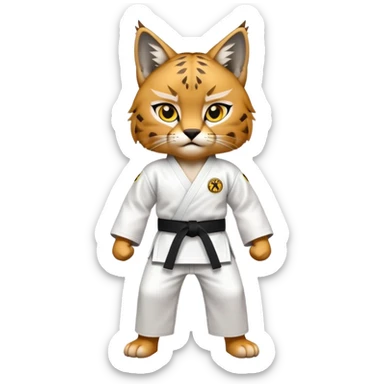 A karate lynx with brown fur, yellow eyes and a white karate suit sticker