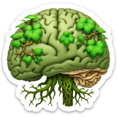brain with moss and green fungi, vines taking over sticker